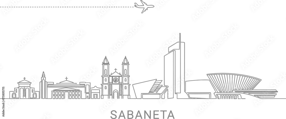Naklejka premium Sabaneta City Skyline with Airplane and Landmarks