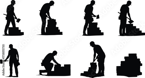  Bricklayer poses set showing seven black silhouette masonry workers with trowels and hammers stacking bricks, kneeling, standing, working, construction skills demonstration