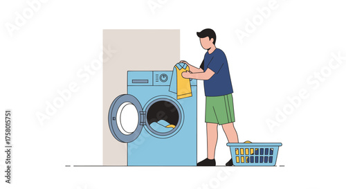 Man Loading Laundry into Blue Washing Machine with Clothes.