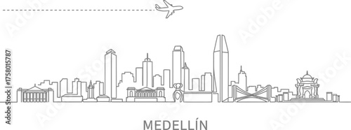 Medellin City Skyline with Airplane Flying Over