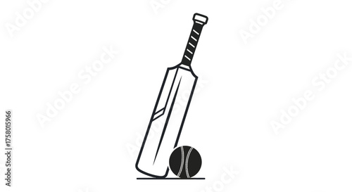 Black and White Cricket Bat and Ball Illustration.