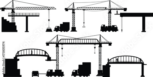  Bridge construction silhouettes, crane lifting segments, workers on platforms, structural engineering vector, industrial site activity, truck transport, stock illustration, black icons