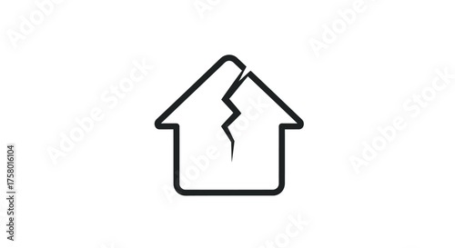 Damaged House Icon with Crack Outline Style.