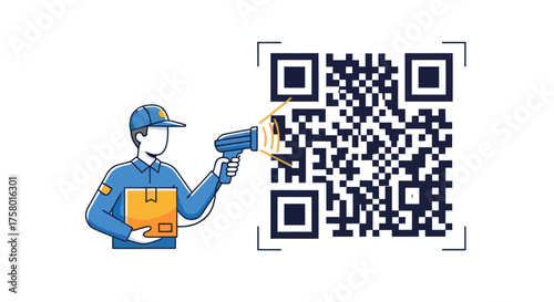 Delivery Person Scanning QR Code with Handheld Scanner.