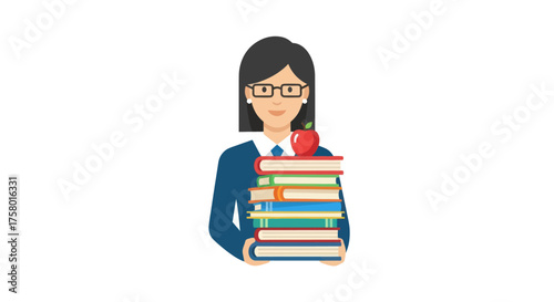 Female Teacher Holding Stack of Colorful Books with Red Apple.