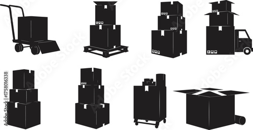  Cardboard box silhouette, pallet and cart icon, delivery truck vector, packaging equipment, black shapes, warehouse logistics, shipping concept, transport scene