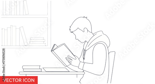 Line Art Illustration of a Person Reading a Book.
