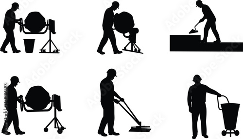 Cement mixer worker silhouettes, concrete finishing, trowel smoothing, surface grinding, site cleanup