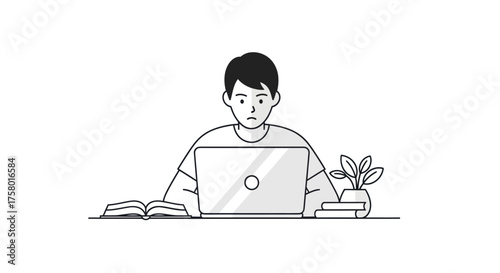 Young man working on laptop with book and plant on desk monochrome illustration.