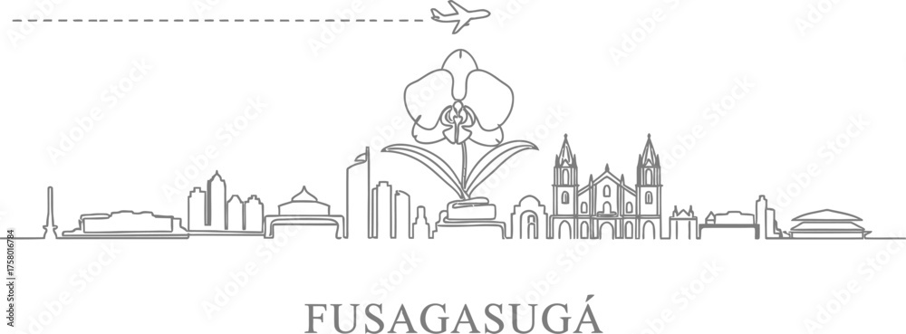 Obraz premium Fusagasuga Colombia Skyline with Orchid and Airplane