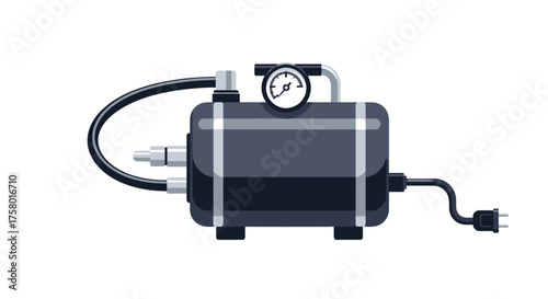 Dark Blue Industrial Air Compressor with Pressure Gauge and Hose.