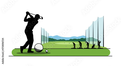 Silhouette of a golfer swinging a club on a driving range with other golfers in the background.