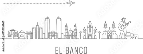 El Banco Colombia Skyline with Airplane and Musician Iconography