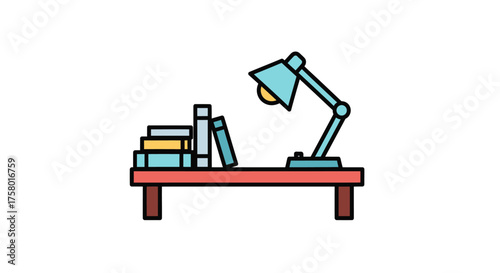 Simple Illustration of a Desk with Books and Lamp.