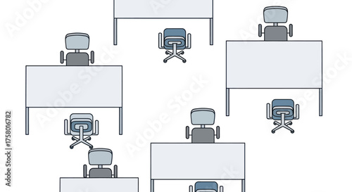 Office Desks and Chairs Arrangement Empty Workspace Concept.