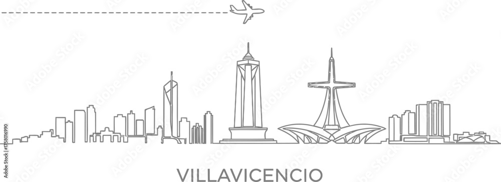 Naklejka premium Villavicencio Skyline with Airplane and Cloud Trail Line Art