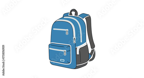 A Blue Backpack with Multiple Compartments and Straps.