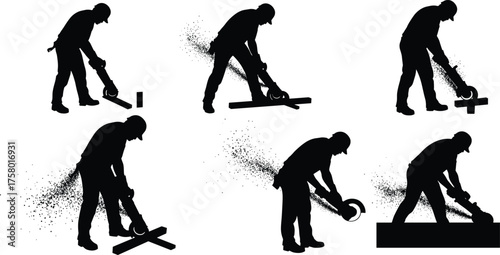 Circular saw operator silhouettes demonstrating cutting techniques, dynamic motion with 