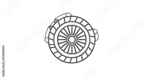 Detailed Line Art Illustration of a Clutch Assembly.