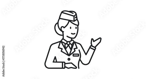 Line Art Illustration of a Smiling Female Flight Attendant in Uniform.