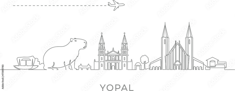 Fototapeta premium Yopal Colombia Line Art Skyline with Capybara and Airplane