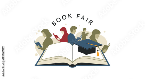 Book Fair Illustration with People Reading and Graduation Cap on Open Book.