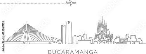 Bucaramanga City Skyline with Airplane and Bridge Line Art