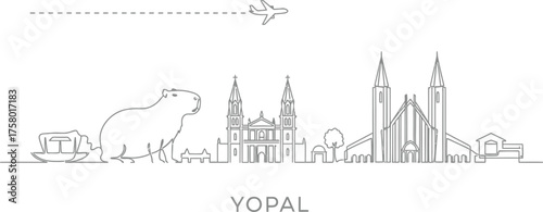 Yopal Colombia Line Art Skyline with Capybara and Airplane
