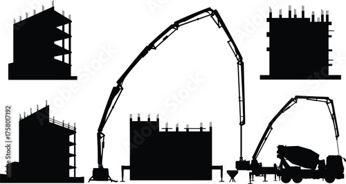  Concrete pump trucks pouring into multi story building silhouettes, construction site skyline, stages of building work, heavy machinery and urban infrastructure development