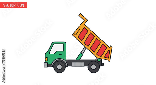 Green dump truck with raised orange cargo bed vector illustration.
