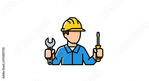 Cartoon worker with hard hat holding wrench and screwdriver.