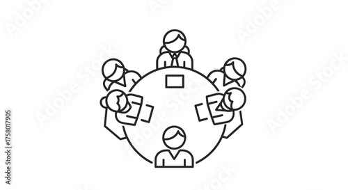 Simple Line Art Depicting Business Meeting Around Table.