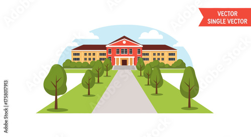 Classic University Building with Pathway and Trees Vector Illustration.