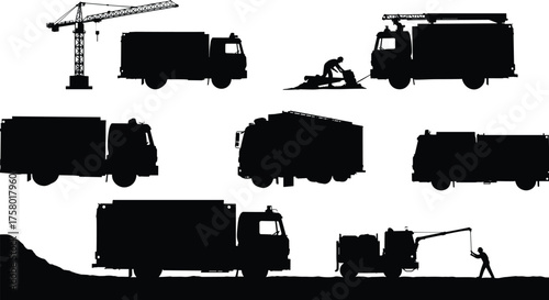  Construction and utility vehicle silhouettes, fire truck, dump truck, tanker, crane, workers, emergency service icons, black vector illustration, industrial transport set