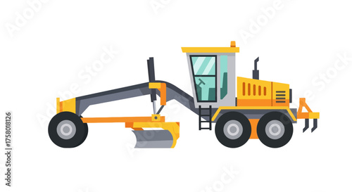 Yellow Motor Grader Construction Vehicle with Blade.