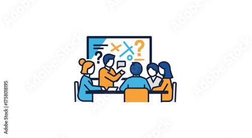 Business Meeting with Team Around Table Discussing Ideas on Board.