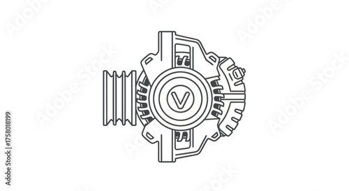 Detailed Line Drawing of a Car Alternator Component.