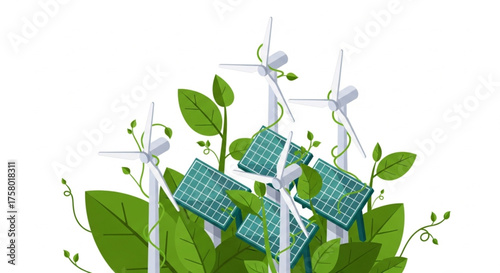 Vector of an eco house powered by solar panels surrounded by green leaves, representing sustainable home design.