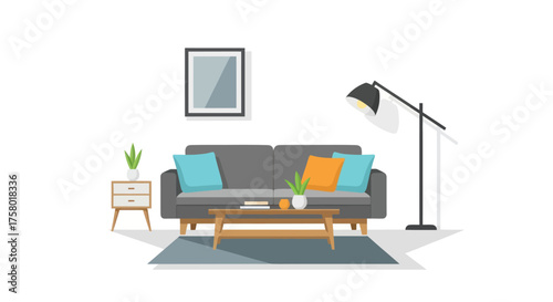 Modern Living Room Illustration with Sofa Lamp and Decor.