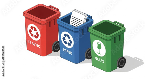 Vector illustration of three color-coded recycle bins for plastic, paper, and organic materials promoting waste sorting and recycling.