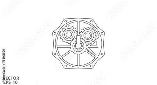 Detailed Outline of Mechanical Gearbox with Gears and Cogs.