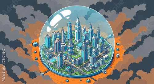 Conceptual illustration showing a futuristic clean city protected by a glass dome amidst pollution, symbolizing environmental preservation.
