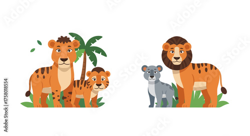 Cartoon Lions with Cubs in a Tropical Jungle Setting.