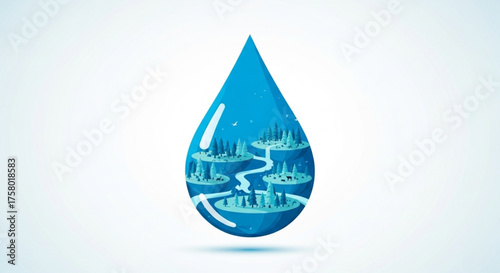 Vector illustration of a water drop with renewable energy icons inside, symbolizing clean water and sustainable technology.