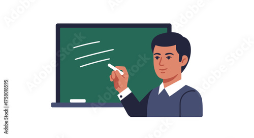 Male teacher writing on a green chalkboard with chalk.