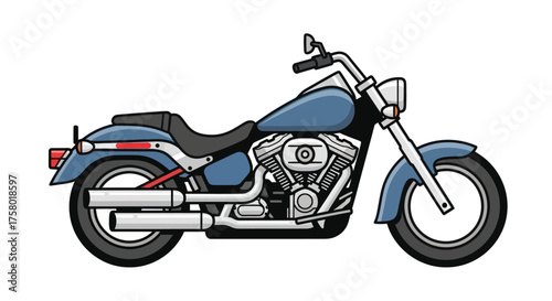 A detailed illustration of a blue cruiser motorcycle with chrome accents and a powerful engine.