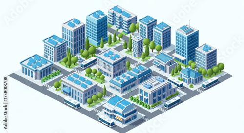 Isometric illustration of a sustainable city with green buildings, solar panels, and eco-friendly infrastructure.