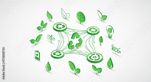 Vector illustration showing a circular composition of green leaves and eco icons, symbolizing recycling and sustainability.
