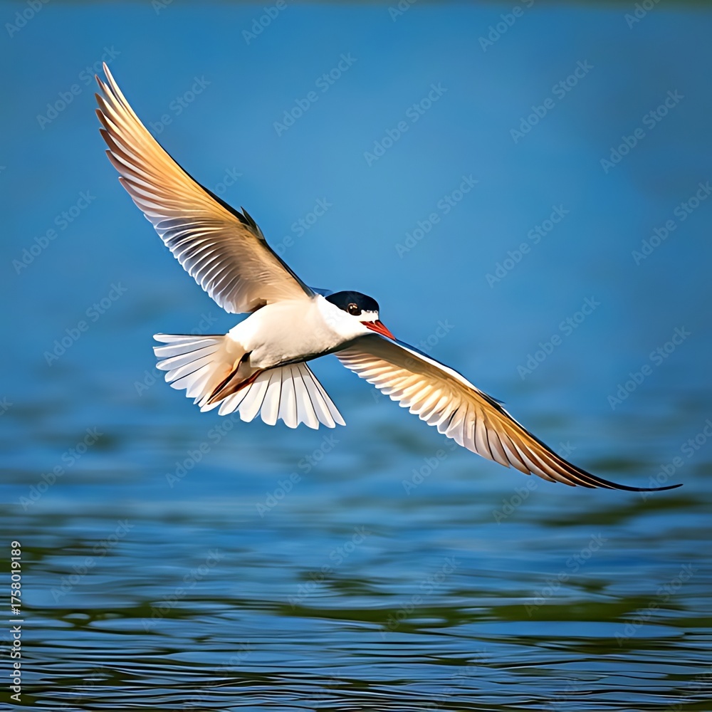 Obraz premium Bird in flight, wings spread wide against a blue water backdrop