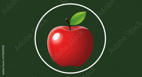 A vibrant red apple with a green leaf in a white circle on green background